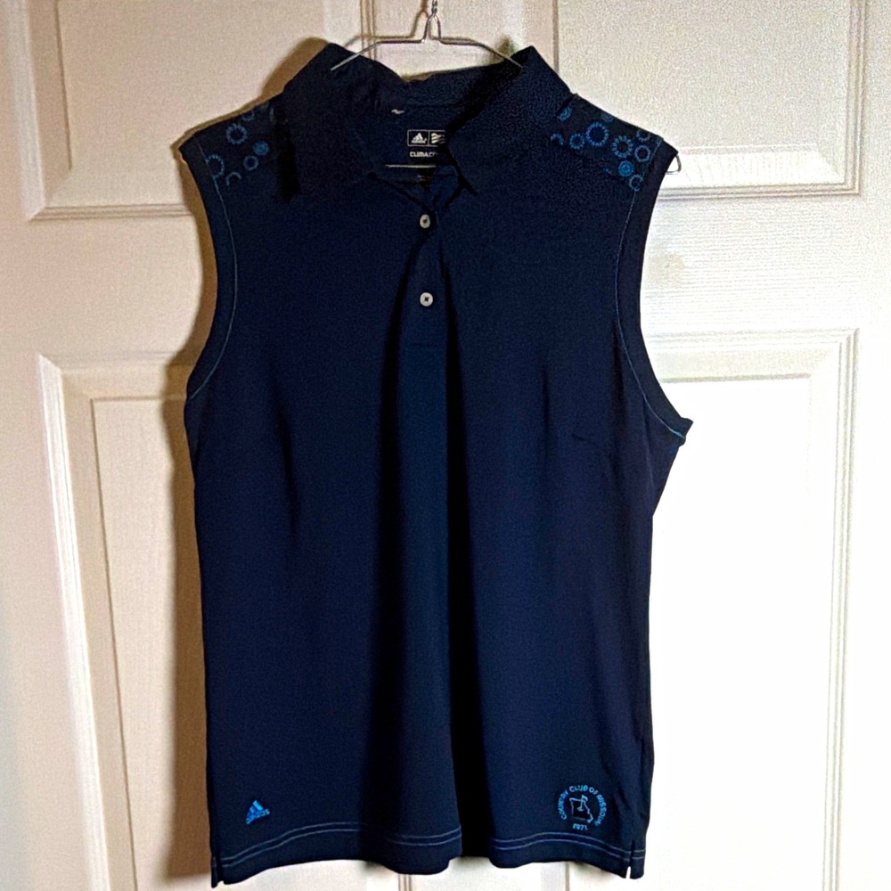 adidas ClimaCool Women's  L Navy Blue Sleeveless Golf Polo Geometric Embroidered